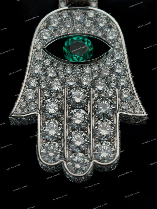 Luxury Moissanite Diamond Hamsa Hand Pendant 925 Silver Iced Out Eye Green Or Blue Stone