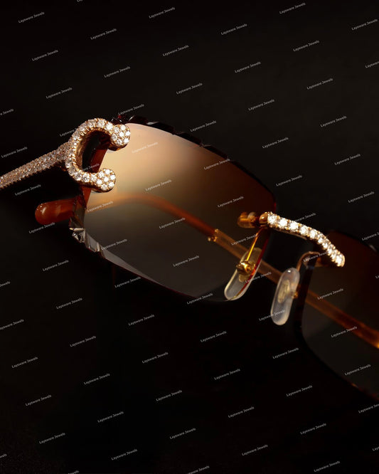 Fully Iced Rose Gold C-Frame Moissanite Diamond Sunglasses Warm Gradient Lenses