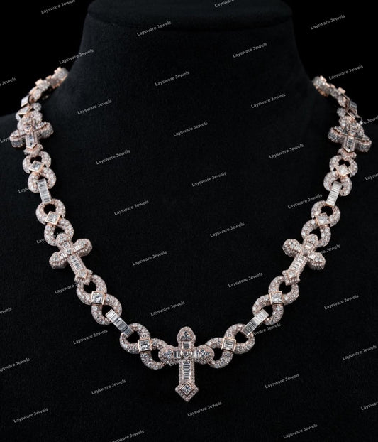 Luxury Silver Moissanite Cross Necklace Round Brilliant Cut Hip Hop Unisex Fine Jewelry Chain