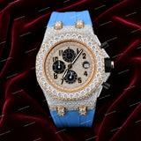 Premium Moissanite Diamond Timepiece With Sky Blue Rubber Strap Elegant Iced Luxury Design