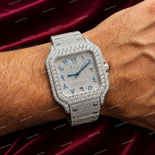 Custom Snow White Blue Arabic Numerals VVS Moissanite Diamond Watch Full Iced Luxury Fashion Style