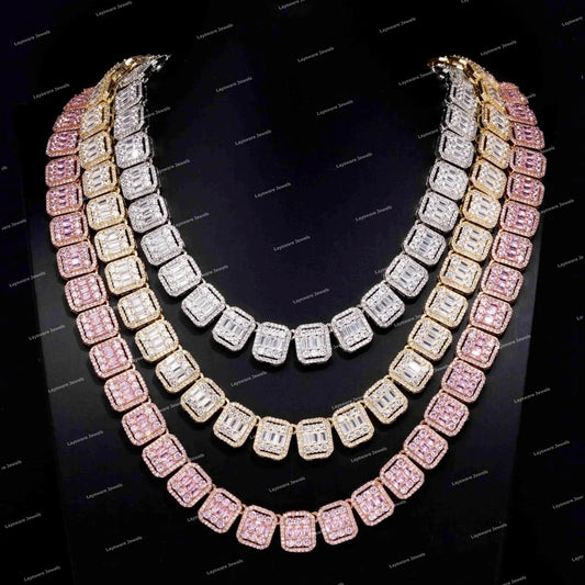 Premium 925 Sterling Silver Moissanite Diamond Iced Square Link Chain Necklace