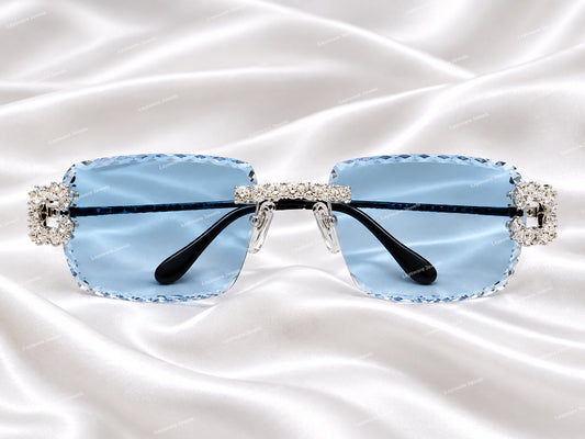 VVS Moissanite Square-Buckle Rimless Sunglasses – Ice Blue Diamond-Cut Lenses