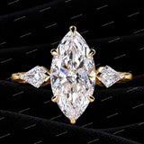 Premium Three Stone Marquise Cut Moissanite Diamond Engagement Ring with Side Diamonds