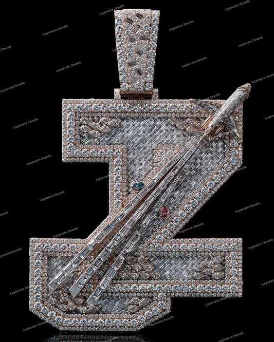 Iced Letter Z Pendant Jet Design Baguette Cut VVS Moissanite Diamond Pendant