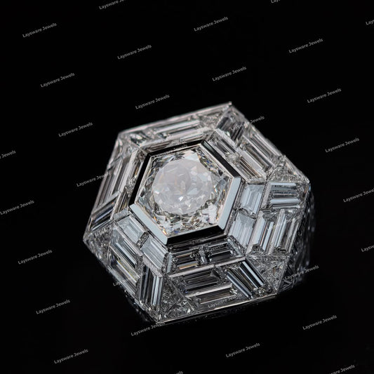 Luxury Cocktail Ring Unisex S925 Sliver Moissanite Diamond Bugetee Cut Hexagon Shield Ring