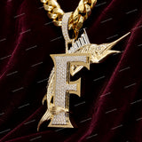 Custom Iced Out Marlin Fish Letter F VVS Moissanite Diamond 925 Sterling Silver Hip Hop Necklace Charm Pendant