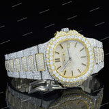 Luxury Iced Two-Tone Watch with Gold Accents Moissanite Diamond Bezel Premium Timepiece