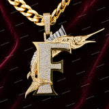 Custom Iced Out Marlin Fish Letter F VVS Moissanite Diamond 925 Sterling Silver Hip Hop Necklace Charm Pendant