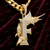 Custom Iced Out Marlin Fish Letter F VVS Moissanite Diamond 925 Sterling Silver Hip Hop Necklace Charm Pendant