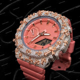 Luxury Moissanite Diamond Timepiece With Blush Pink Rubber Strap Eye Catching Iced Design For Men