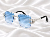 VVS Moissanite Square-Buckle Rimless Sunglasses – Ice Blue Diamond-Cut Lenses