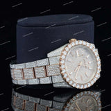Iced Two-Tone Round Dial Watch with Rose Gold Accents Moissanite Diamond Bezel Premium Timepiece
