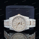 Iced Two-Tone Round Dial Watch with Rose Gold Accents Moissanite Diamond Bezel Premium Timepiece