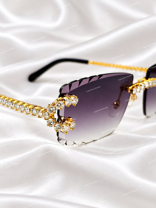 Fully Handset Prong-Set Moissanite Diamond Gold Rimless Shades – Dark Purple Tint
