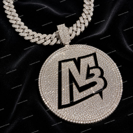 Custom 925 Silver Moissanite Diamond 3D Initial Letter Big Round Pendant