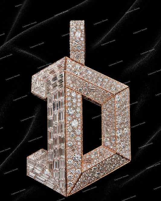 Premium Letter D Pendant Design Baguette Cut VVS Moissanite Diamond Encrusted Rose Gold Plated 925 Silver Claw Setting Pendant