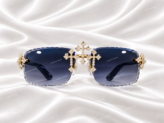 Luxury Iced Out Moissanite Diamond Cross Rimless Hip Hop Sunglasses For Unisex