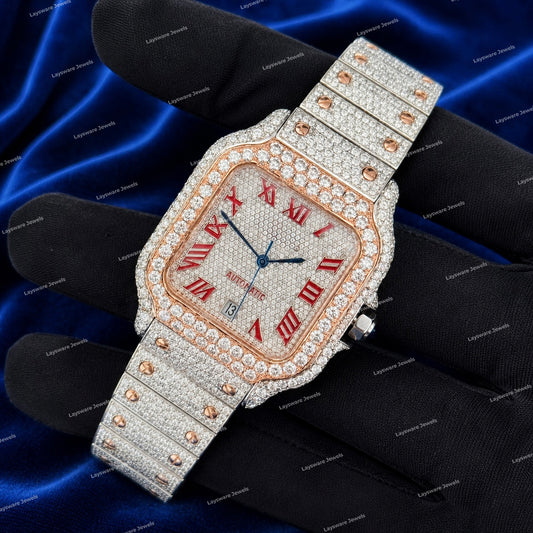 Hip Hop Custom Moissanite Diamond Watch Red Roman Dial Full Iced Premium Luxury Style