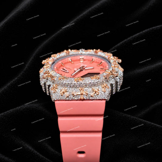 Luxury Moissanite Diamond Timepiece With Blush Pink Rubber Strap Eye Catching Iced Design For Men