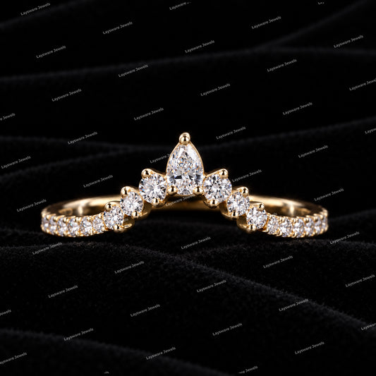 V Shaped Chevron Band  Round & Pear Cut Moissanite Diamond Wedding Band