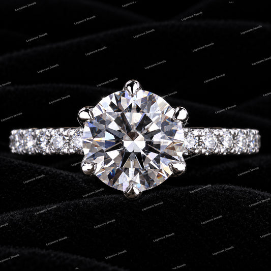 Premium Round Brilliant Cut Moissanite Diamond Pave Setting Engagement Ring