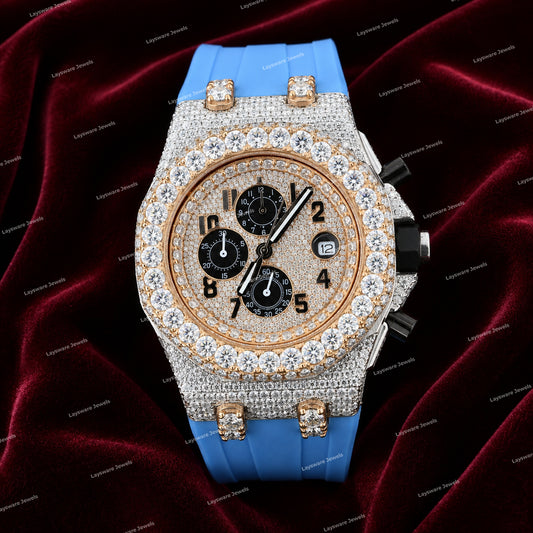 Premium Moissanite Diamond Timepiece With Sky Blue Rubber Strap Elegant Iced Luxury Design