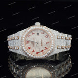 Luxury Fully Iced Out VVS Moissanite Diamond Two Tone Watch With Red Arabic Numerals