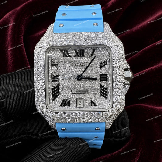 Premium Personalized VVS Moissanite Diamond Watch With Sky Blue Rubber Strap Hip Hop Design
