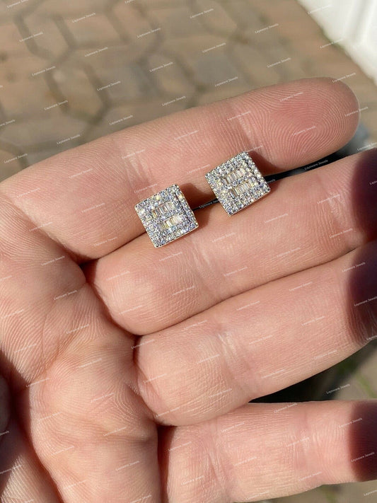Premium 925 Sterling Silver Moissanite Diamond Stud Earrings VVS Clarity Baguette Cut Iced Out Hip Hop Style