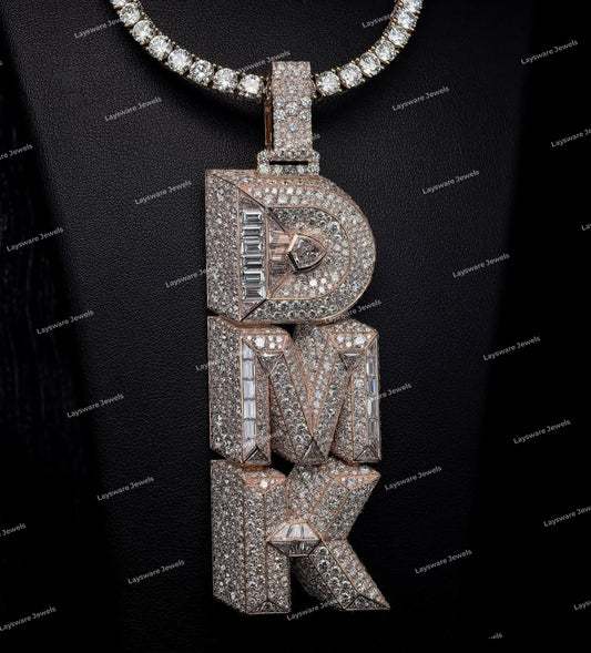 Luxury Rose Gold Plated VVS Moissanite Baguette Cut Diamond Letter DMK Pendant
