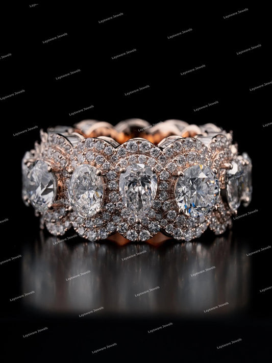 Luxury 925 Silver Oval Cut & Pear Cut  Moissanite Diamond Halo Eternity Ring