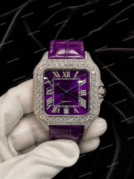 Custom Full Iced Moissanite Diamond Watch With Purple Leather Strap Snow White Luxury Look