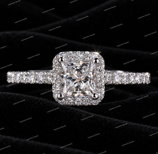 Princess Cut 925 Sliver VVS Moissanite Diamond Halo Engagement Ring