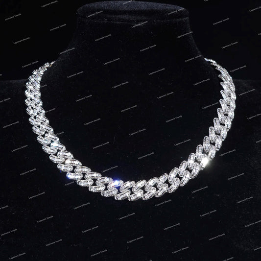 Trending Claw Setting Baguette Cut Cuban Link Chain Moissanite Custom Hip Hop Statement 925 Silver Necklace