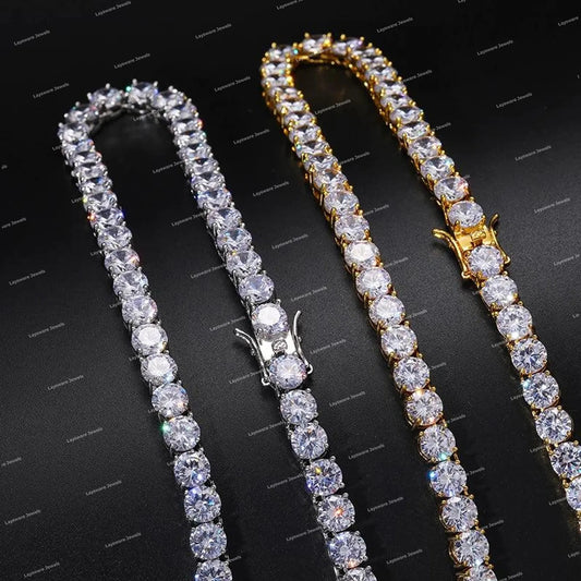 Hip Hop 925 Silver Iced Tennis Chain Necklace Round Brilliant Cut Moissanite Diamond Women & Men