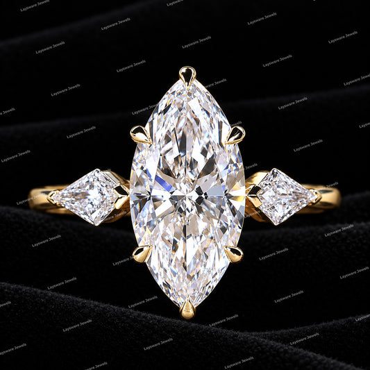 Premium Three Stone Marquise Cut Moissanite Diamond Engagement Ring with Side Diamonds