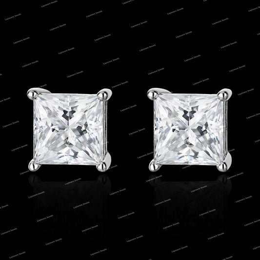 925 Sterling Silver With Moissanite Diamond Four-claw Setting Princess Cut Stud Earrings