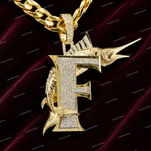 Custom Iced Out Marlin Fish Letter F VVS Moissanite Diamond 925 Sterling Silver Hip Hop Necklace Charm Pendant