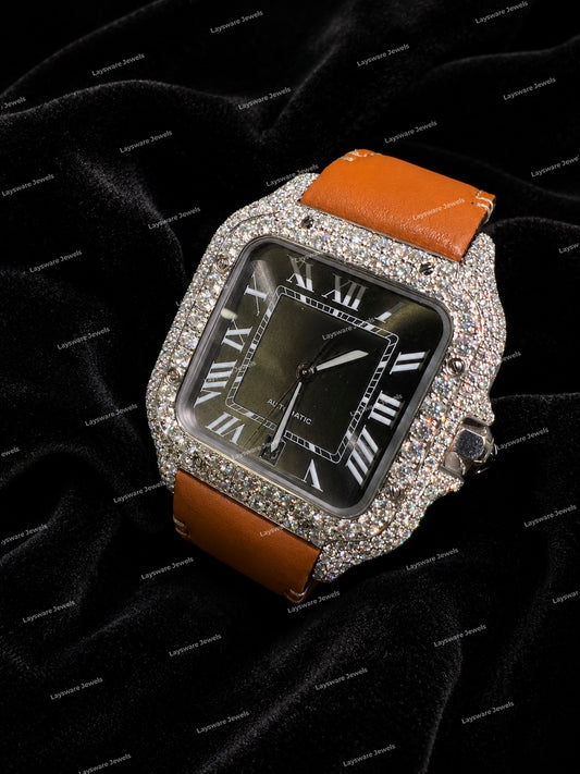Premium Moissanite Diamond Watch With Orange Leather Strap Custom Hip Hop Fashion Style