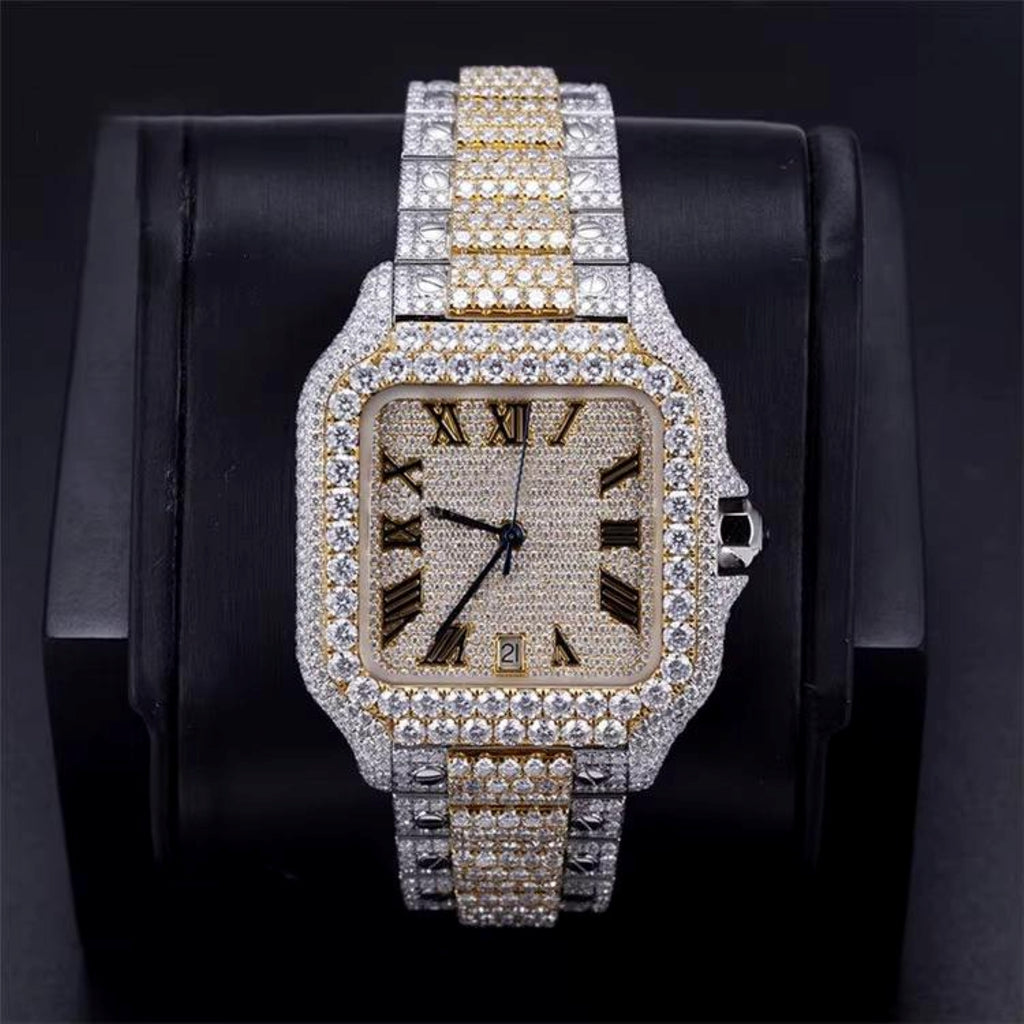 Iced Out Stainless Steel with Roman Dial Diamond Watch