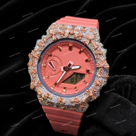Luxury Moissanite Diamond Timepiece With Blush Pink Rubber Strap Eye Catching Iced Design For Men