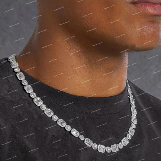 Popular Chain Design Emerald Cut 925 Sterling Silver Hip-hop Moissanite Statement Necklace
