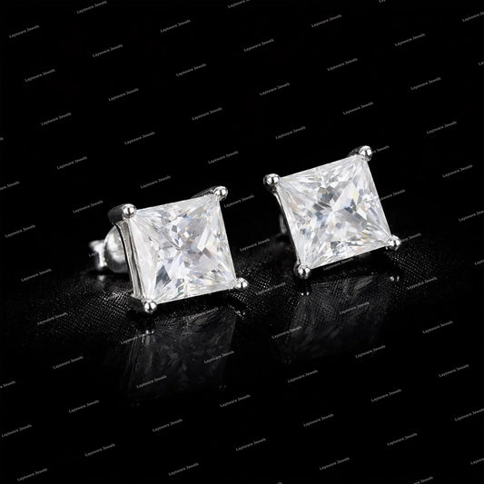 925 Sterling Silver With Moissanite Diamond Four-claw Setting Princess Cut Stud Earrings