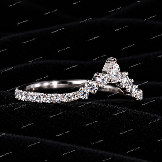 V Shaped Chevron Band  Round & Pear Cut Moissanite Diamond Wedding Band