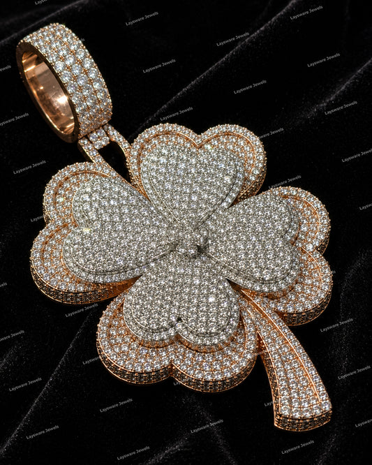Four Leaf Clover Charm Pendant 925 Silver Plated Rose Gold Round Cut VVS Moissanite Diamond Unisex Pendant