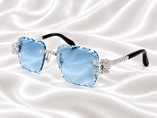 VVS Moissanite Square-Buckle Rimless Sunglasses – Ice Blue Diamond-Cut Lenses
