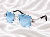 VVS Moissanite Square-Buckle Rimless Sunglasses – Ice Blue Diamond-Cut Lenses