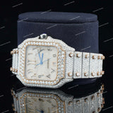 Luxury Iced Square Dial Watch with Rose Gold Tone Moissanite Diamond Bezel Buss Down Watch