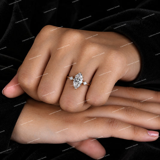 Premium Three Stone Marquise Cut Moissanite Diamond Engagement Ring with Side Diamonds